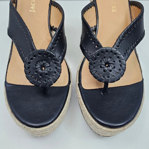 NEW Jack Rogers Rowan Wedge Women 11 Black Leather Thong Jute Sandal Espadrille - Picture 5 of 13